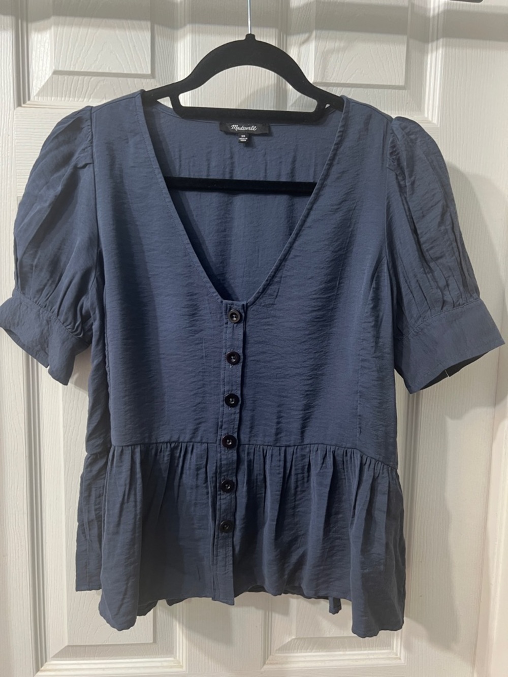 Madewell Slate Blue V-Neck Button Peplum Blouse